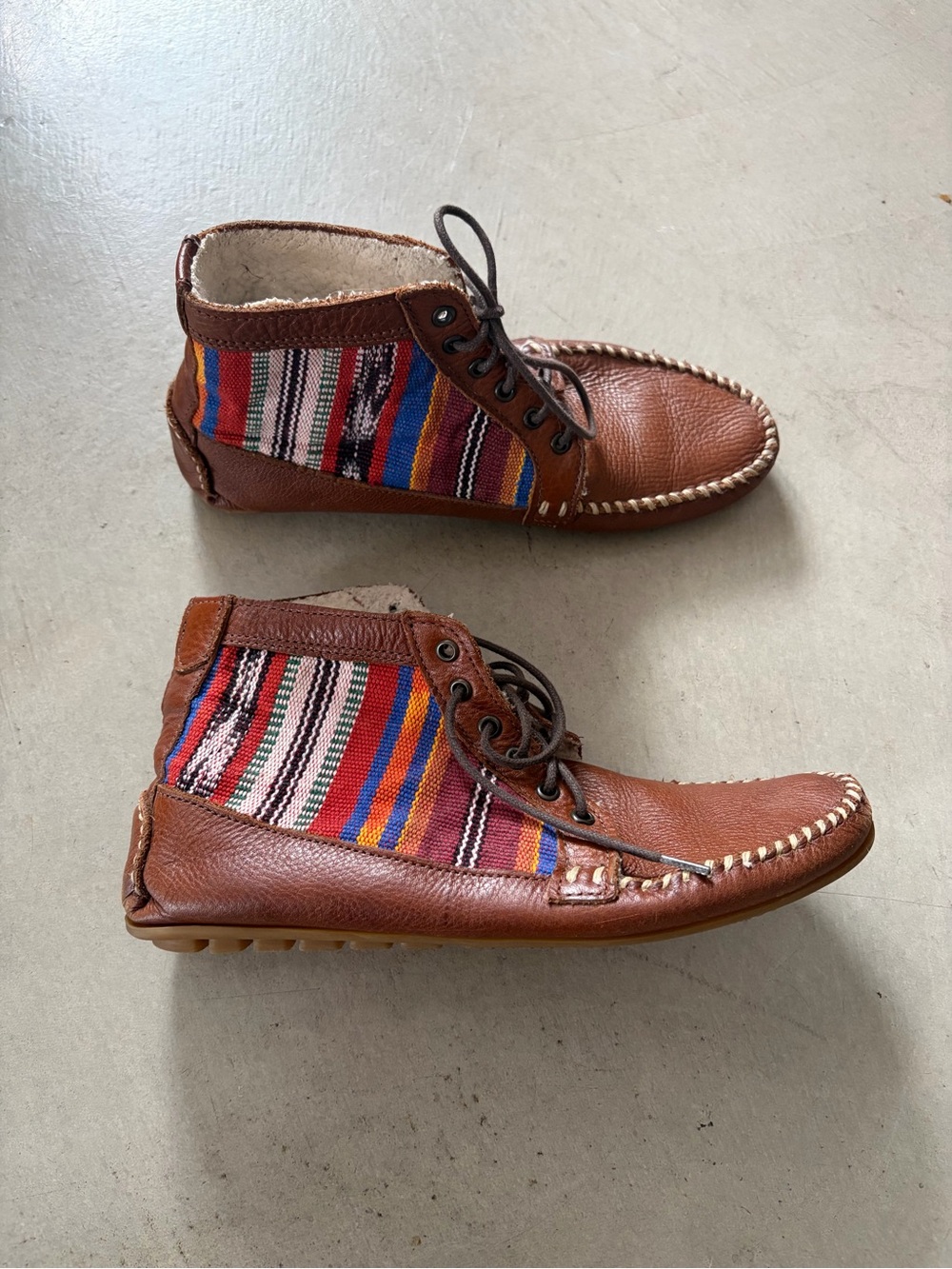 Anthropologie Brown Leather Moccasins with Multicolor Textile Panels